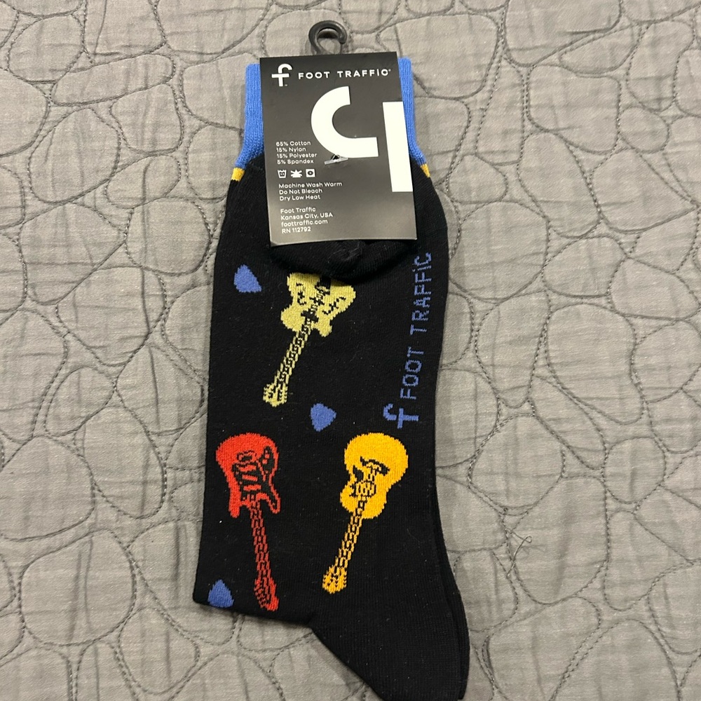 NWT Men's Musical Guitar Socks - Black with Red, Yellow, Blue
